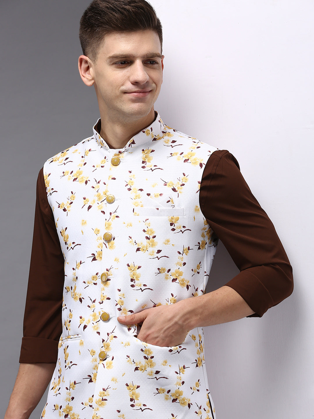 Men Mandarin Collar Printed White Nehru Jacket