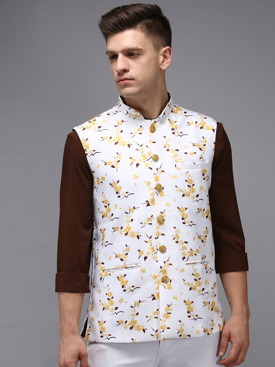 Men Mandarin Collar Printed White Nehru Jacket