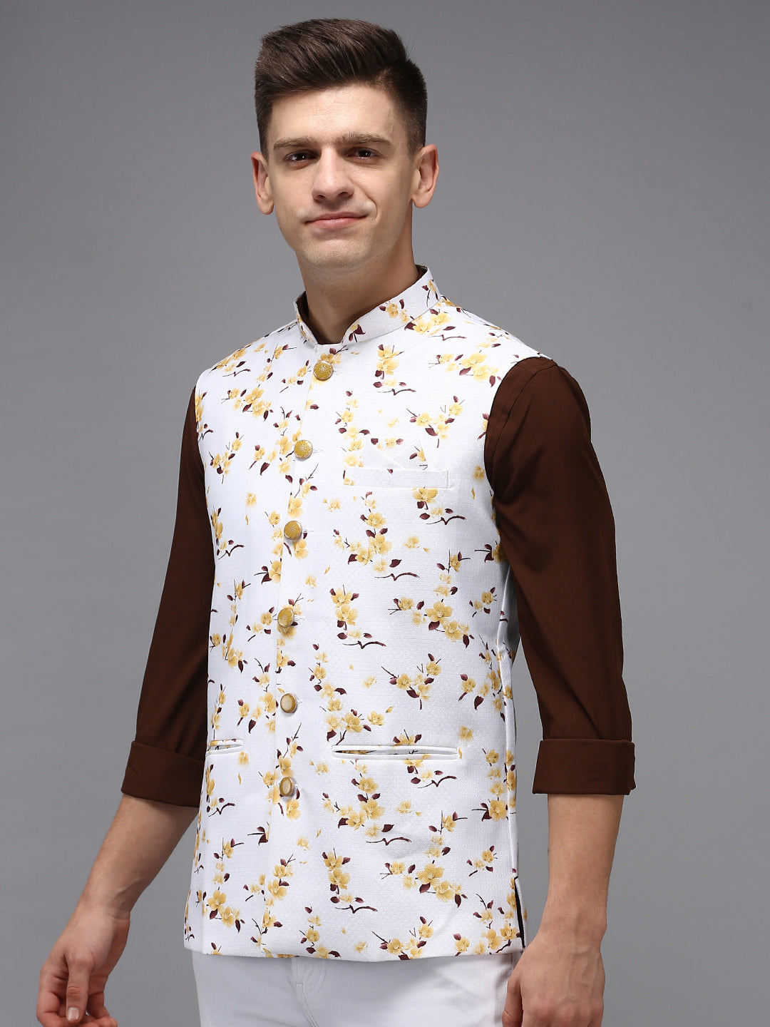 Men Mandarin Collar Printed White Nehru Jacket