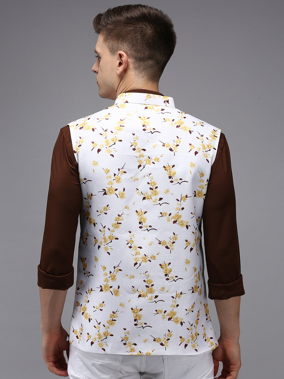 Men Mandarin Collar Printed White Nehru Jacket