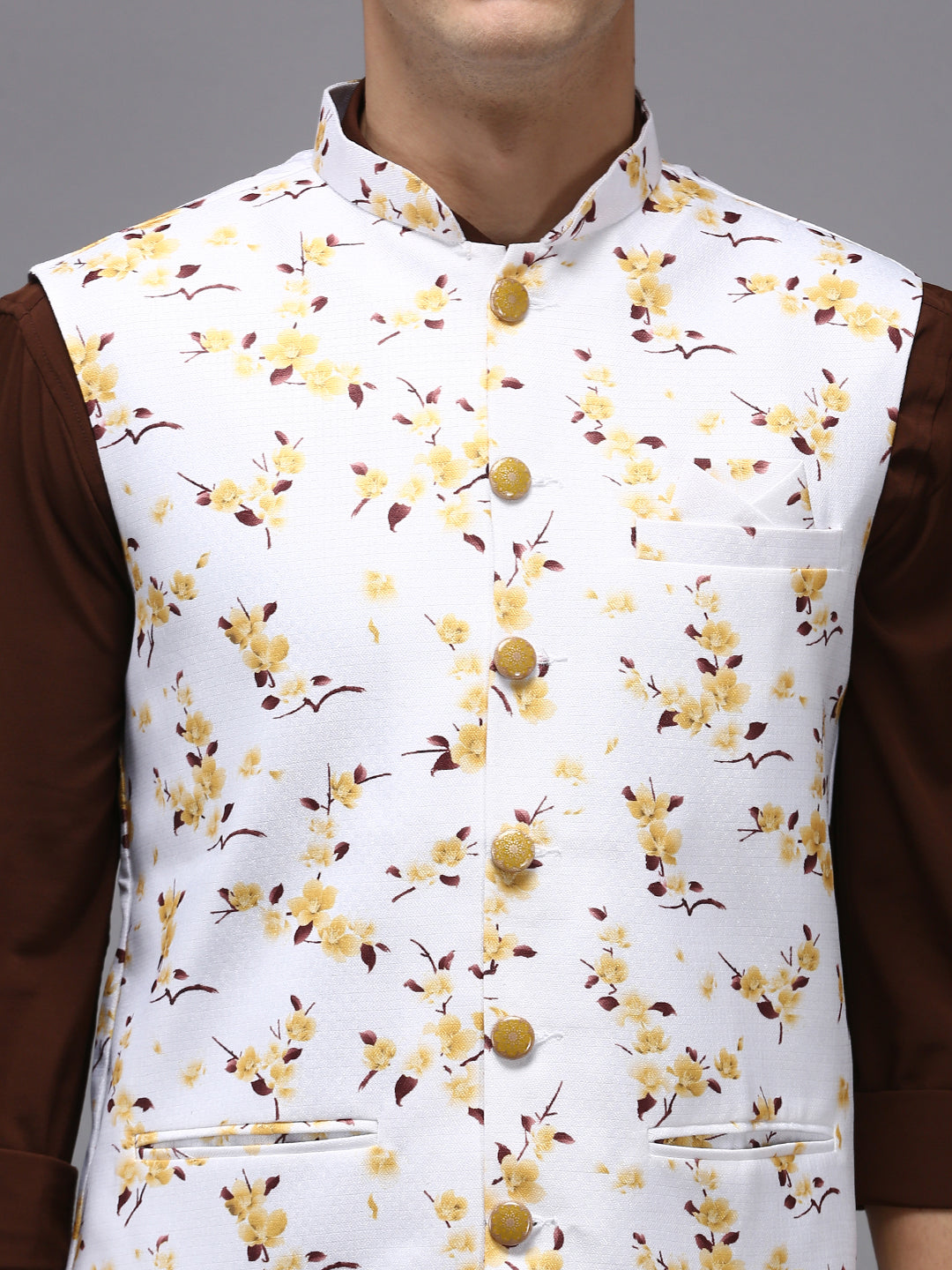 Men Mandarin Collar Printed White Nehru Jacket