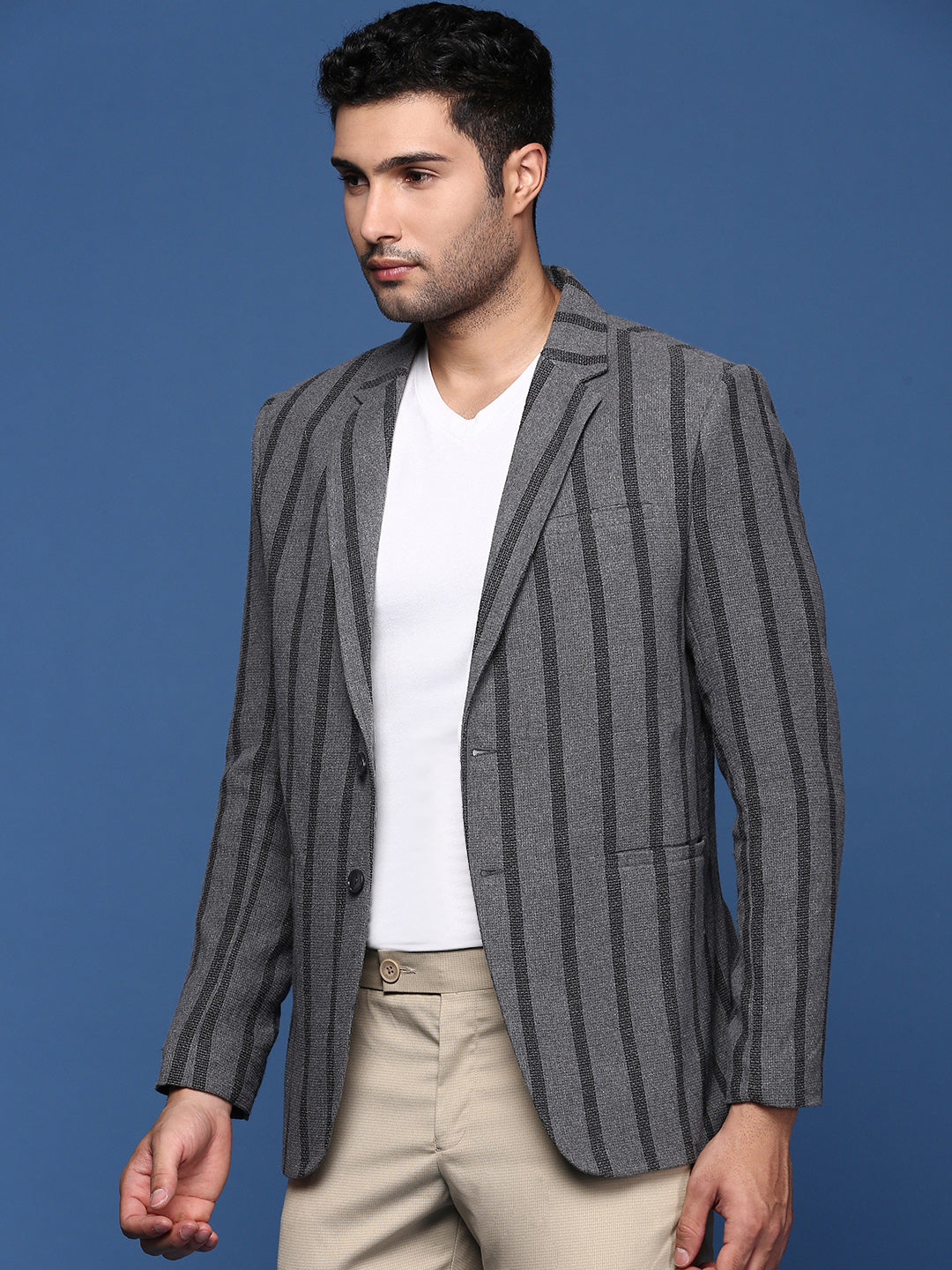 Men Charcoal Slim Fit Single Breasted Blazer