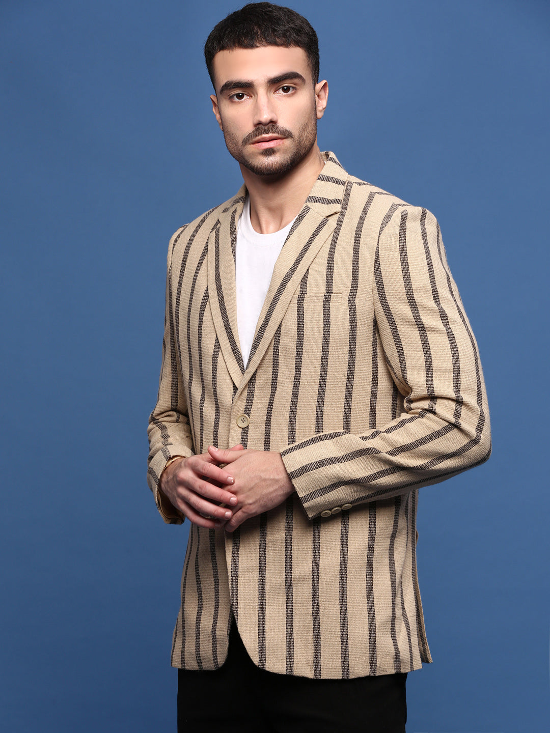 Men Beige Slim Fit Single Breasted Blazer