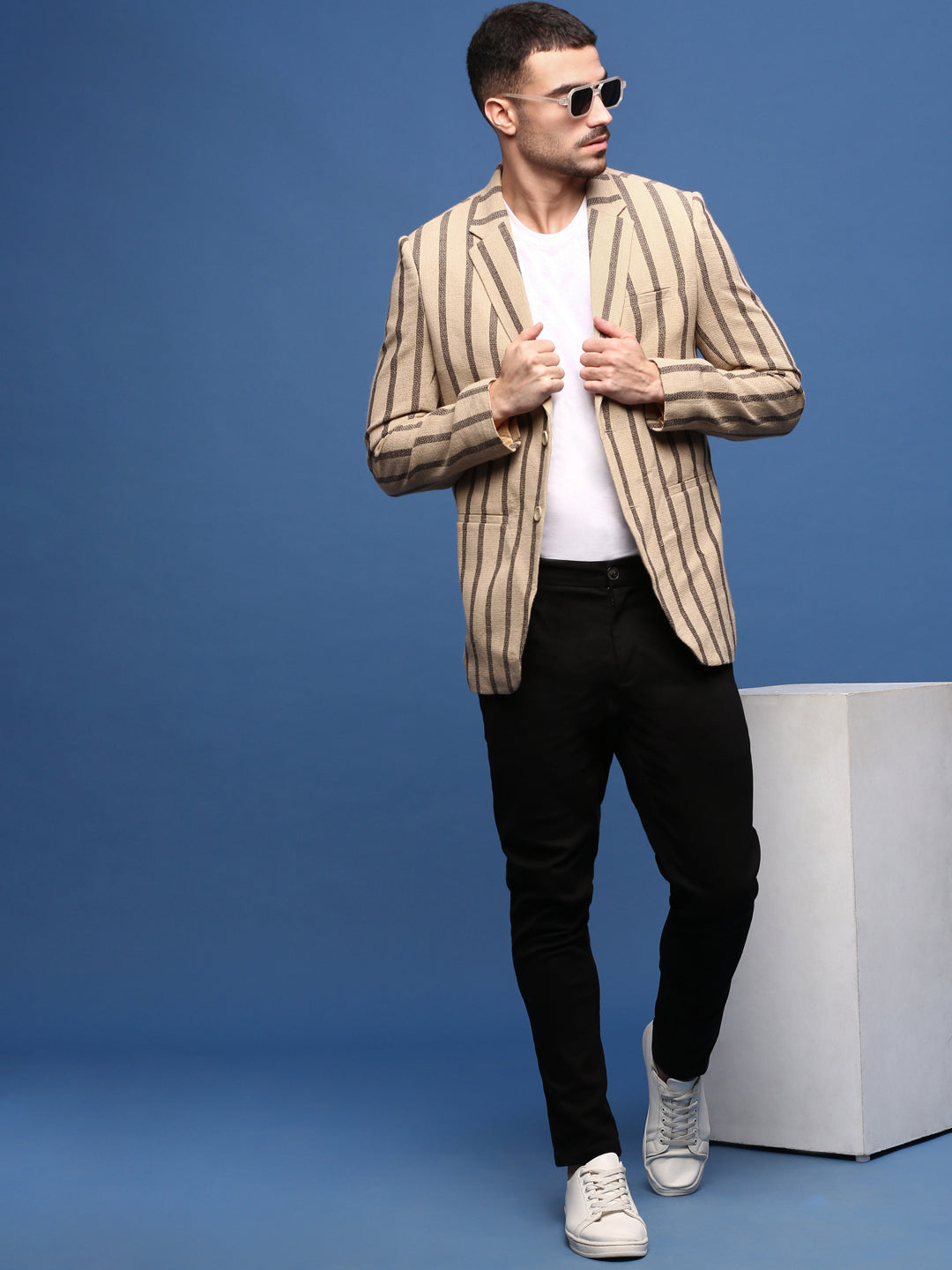 Men Beige Slim Fit Single Breasted Blazer