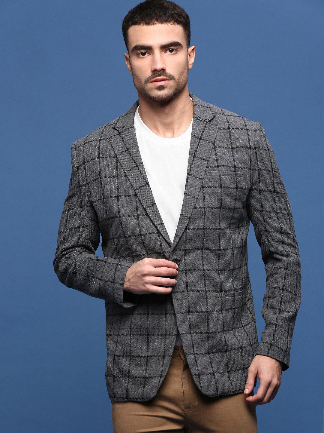 Men Grey Slim Fit Single Breasted Blazer