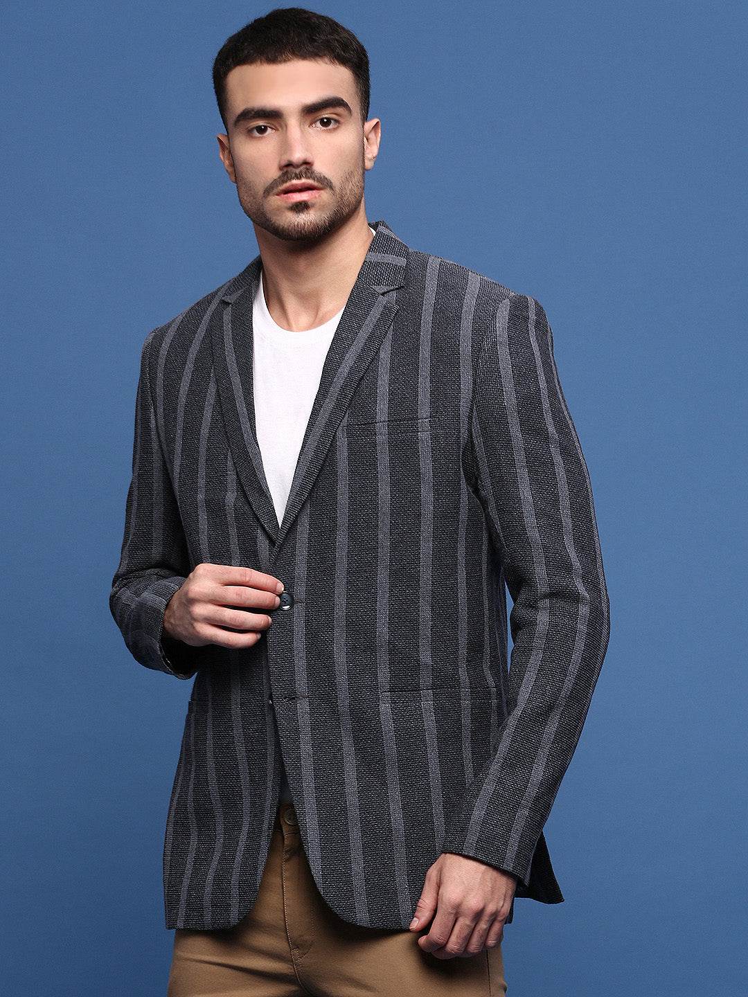 Men Charcoal Slim Fit Single Breasted Blazer