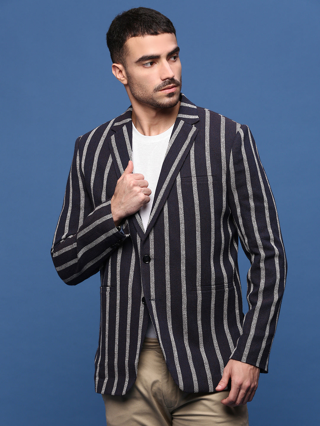 Men Navy Blue Slim Fit Single Breasted Blazer