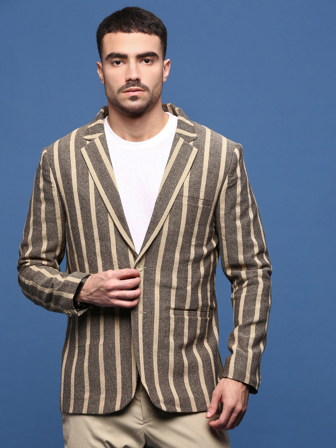 Men Beige Slim Fit Single Breasted Blazer