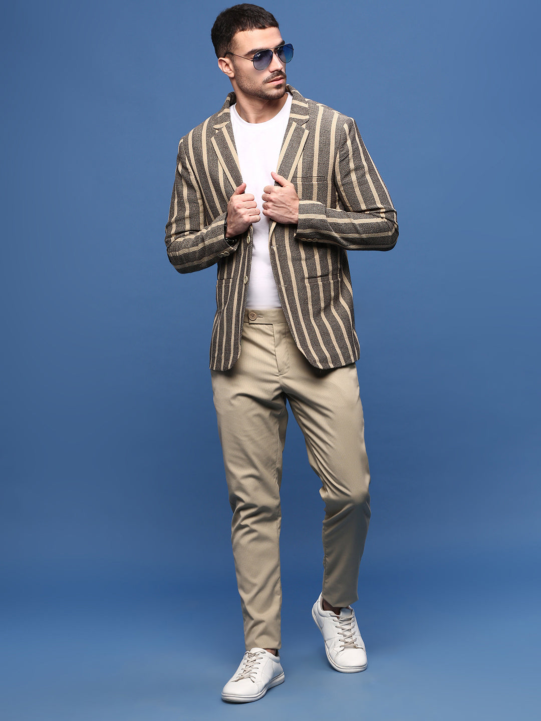 Men Beige Slim Fit Single Breasted Blazer