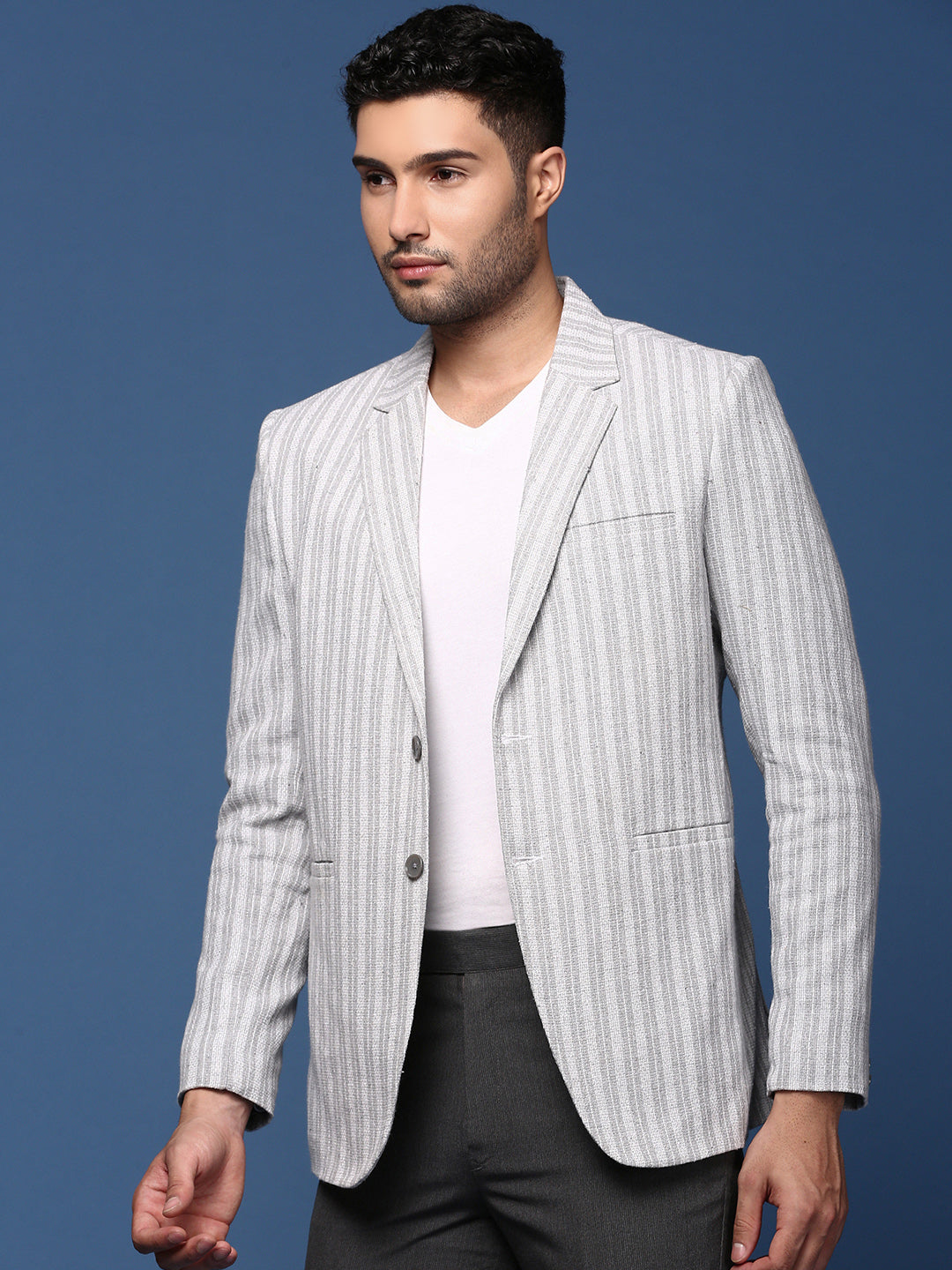 Men Grey Slim Fit Single Breasted Blazer