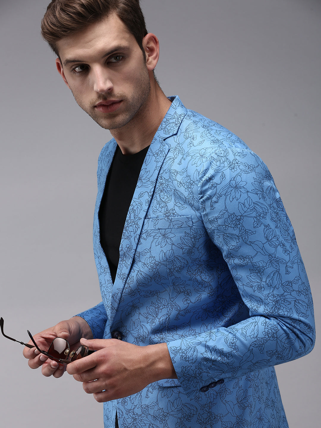 Men Blue Printed Single Breasted Blazer