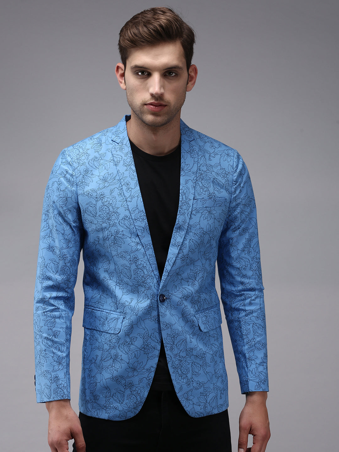 Men Blue Printed Single Breasted Blazer