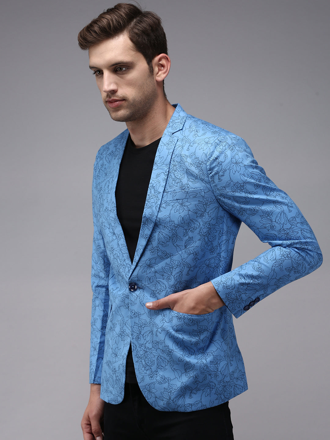 Men Blue Printed Single Breasted Blazer