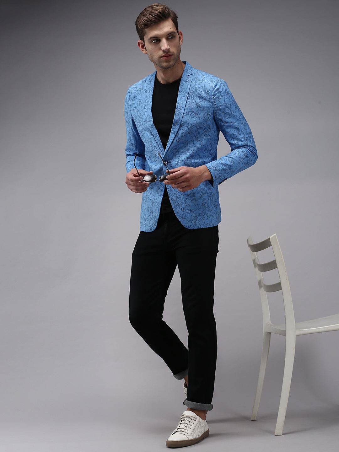 Men Blue Printed Single Breasted Blazer