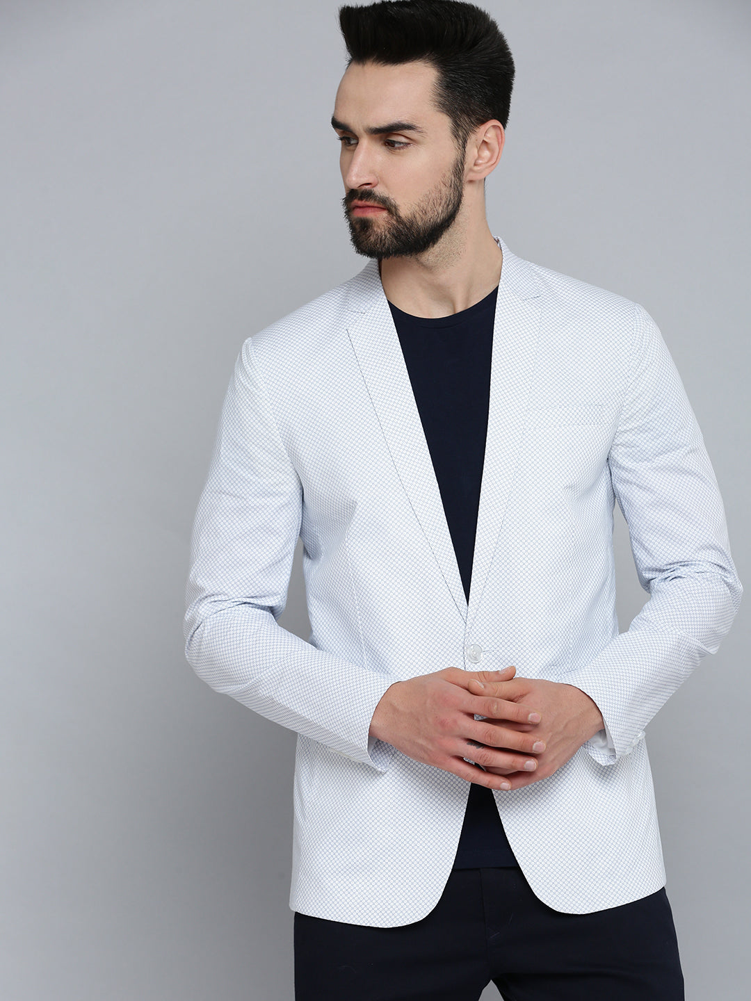 Men Mandarin Collar Printed White Blazer