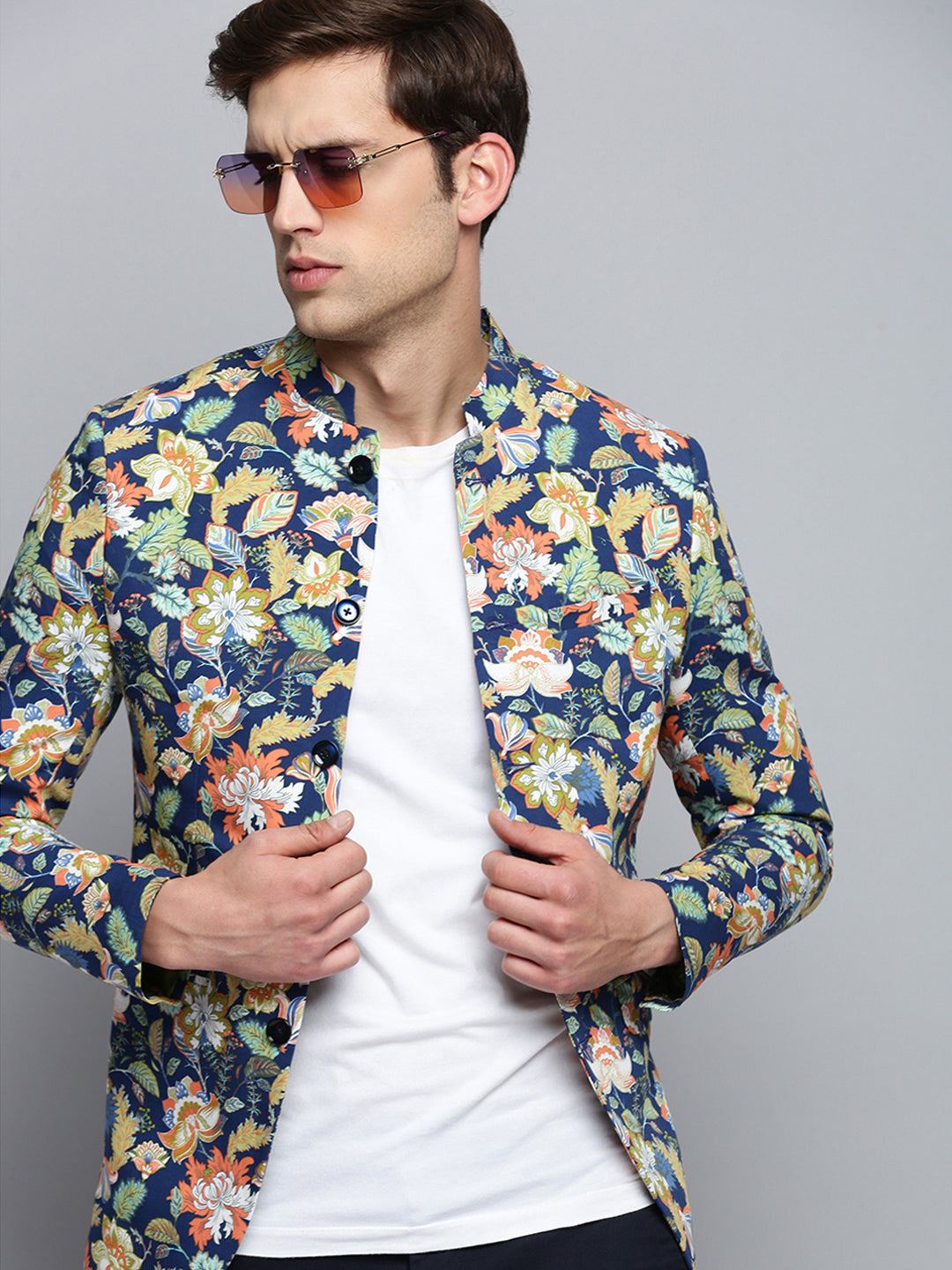 Men Mandarin Collar Printed Blue Blazer