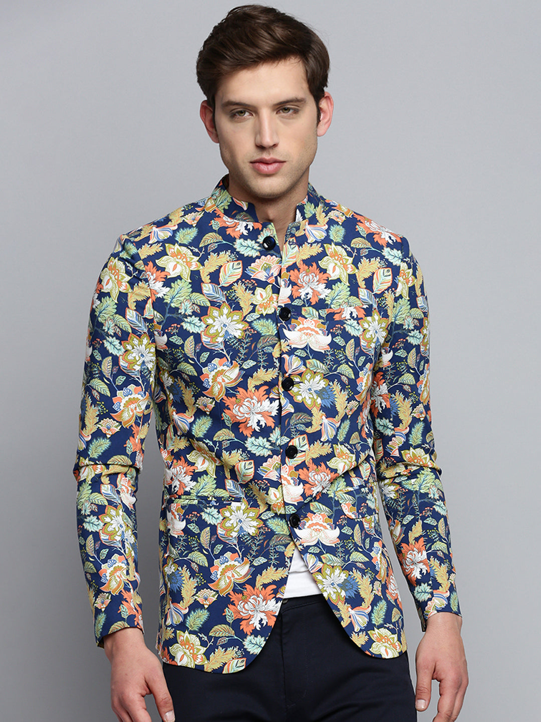 Men Mandarin Collar Printed Blue Blazer