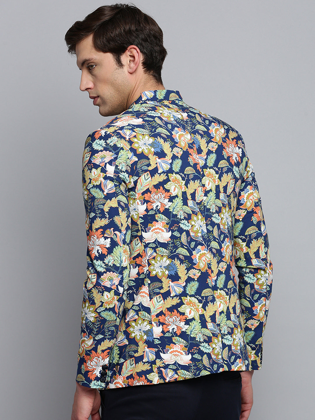 Men Mandarin Collar Printed Blue Blazer