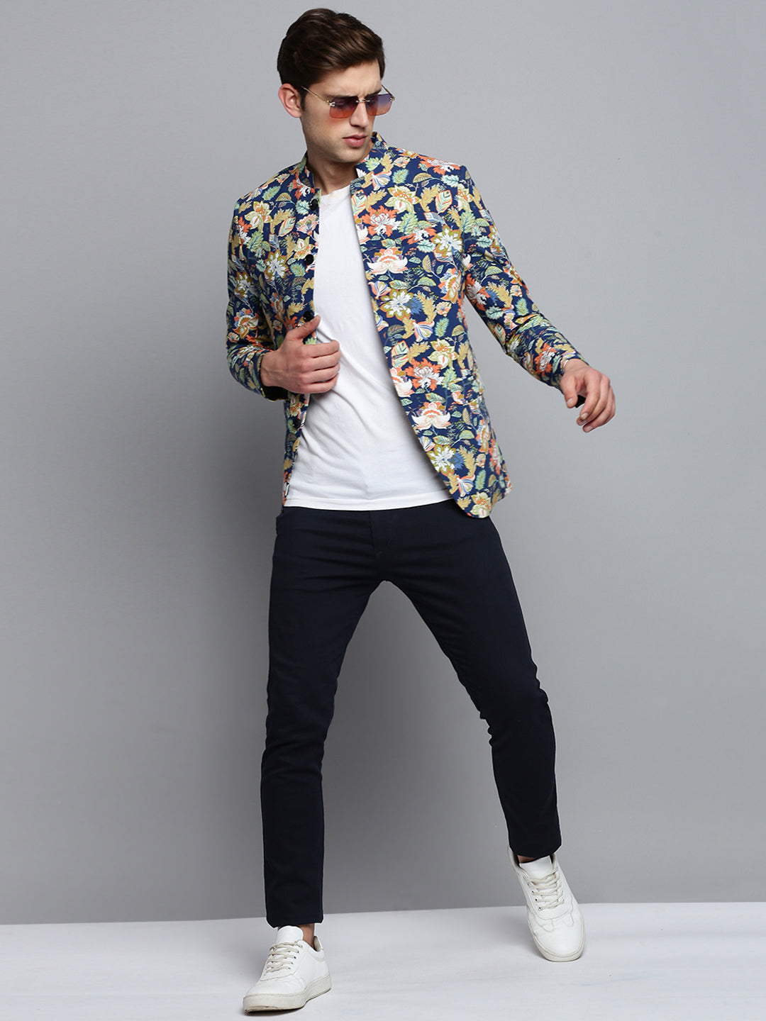 Men Mandarin Collar Printed Blue Blazer