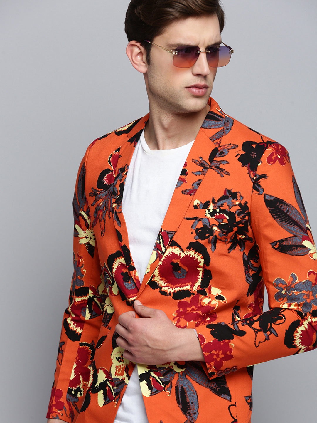 Men Orange Printed Single Breasted Blazer