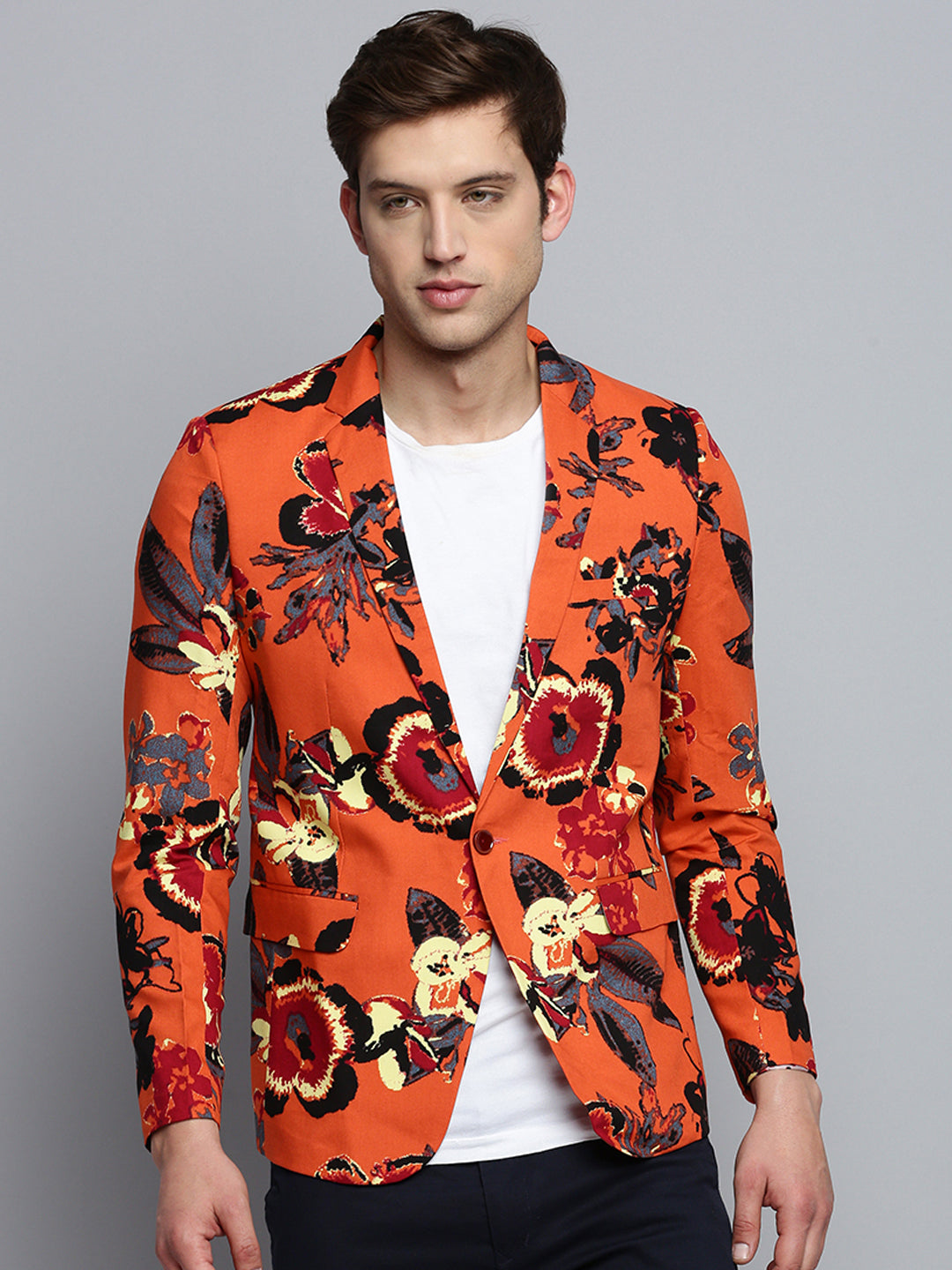 Men Orange Printed Single Breasted Blazer