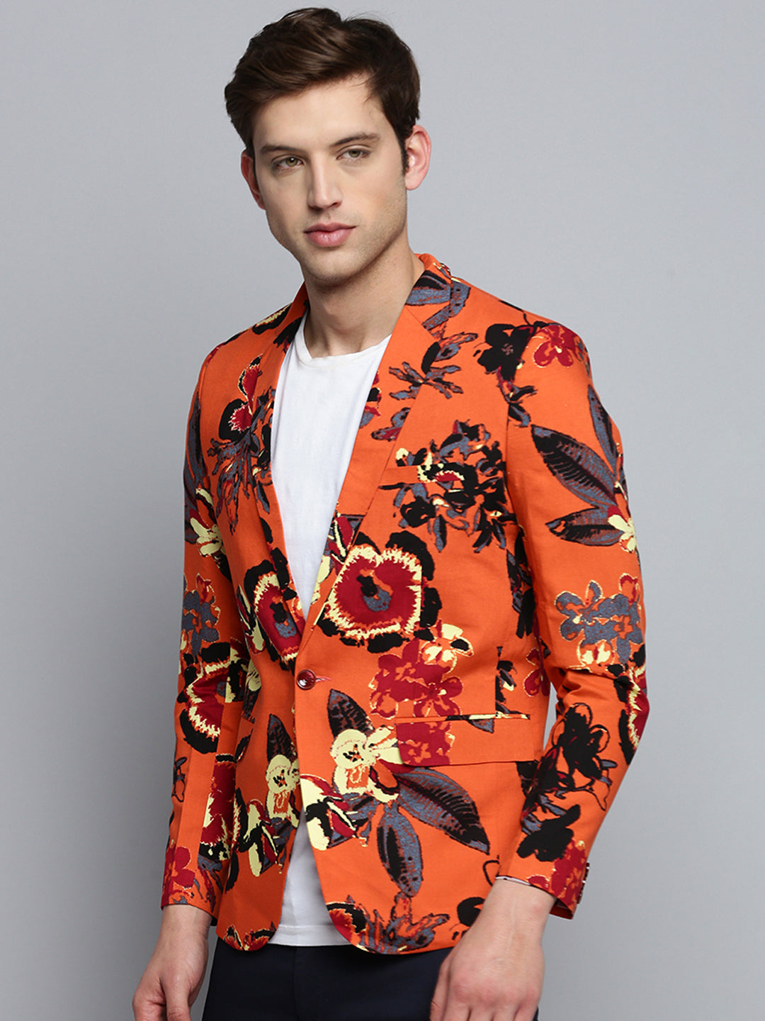 Men Orange Printed Single Breasted Blazer