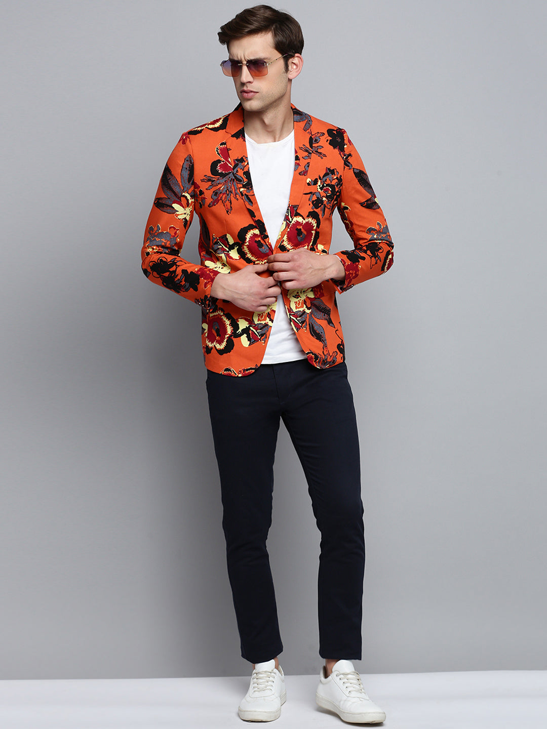 Men Orange Printed Single Breasted Blazer