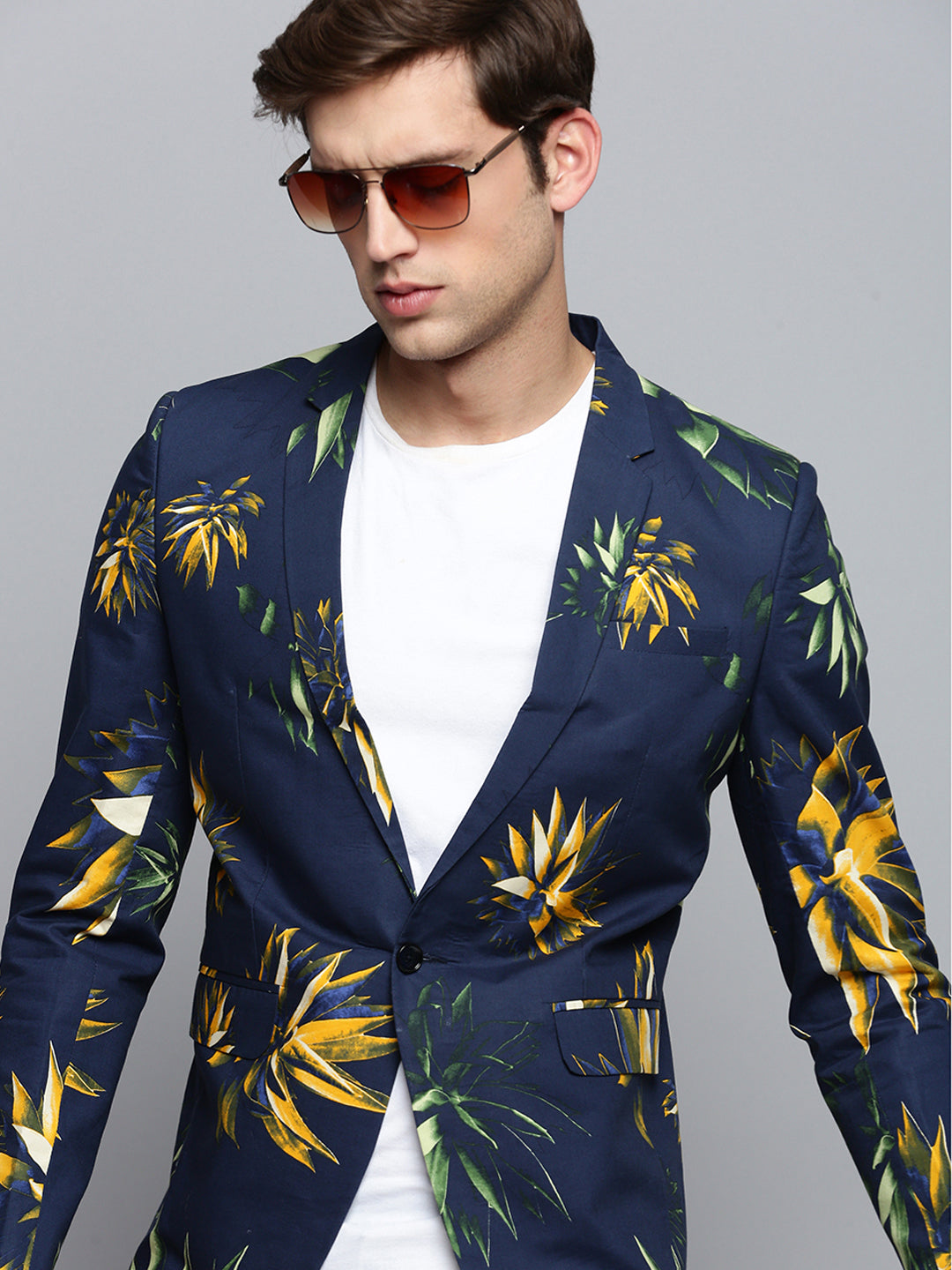 Men Notched Lapel Printed Navy Blue Blazer