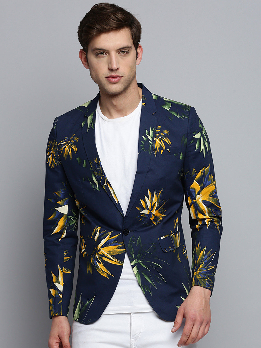 Men Notched Lapel Printed Navy Blue Blazer