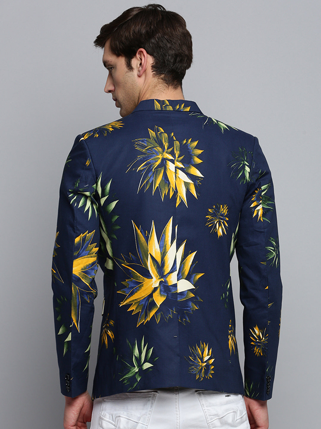 Men Notched Lapel Printed Navy Blue Blazer