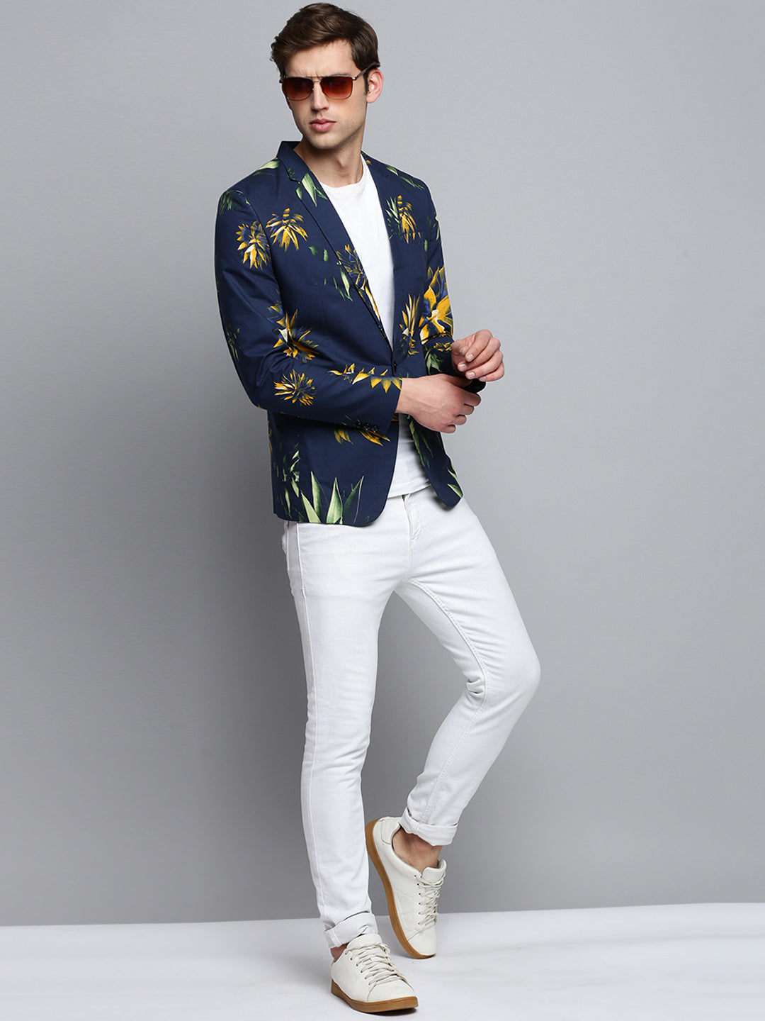 Men Notched Lapel Printed Navy Blue Blazer