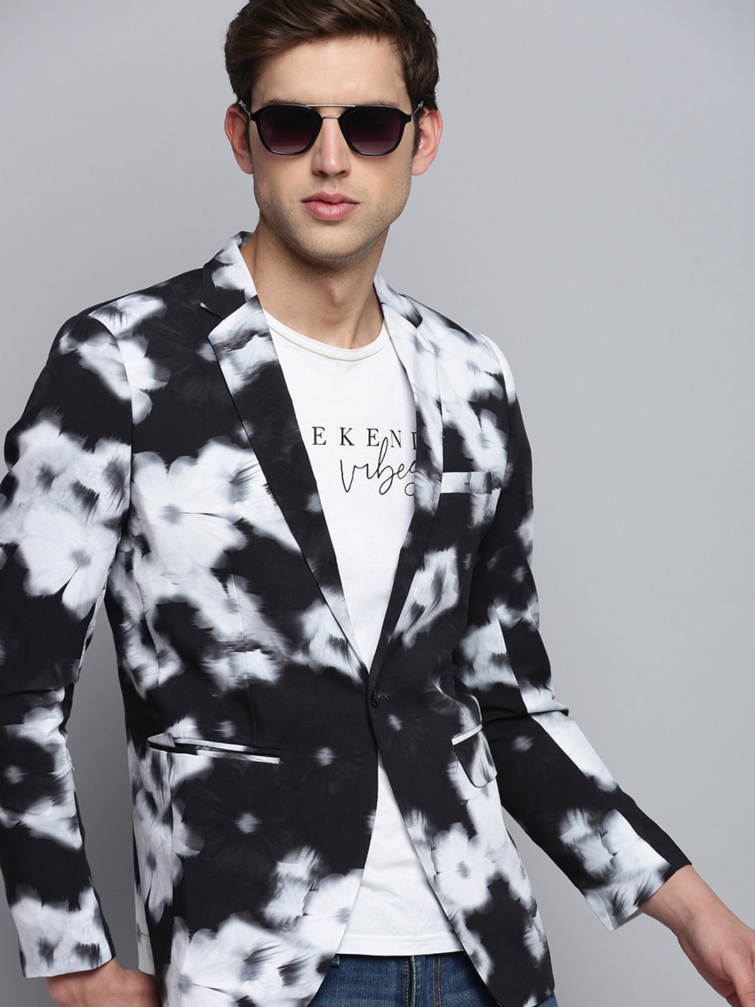 Men Black Printed Single Breasted Blazer