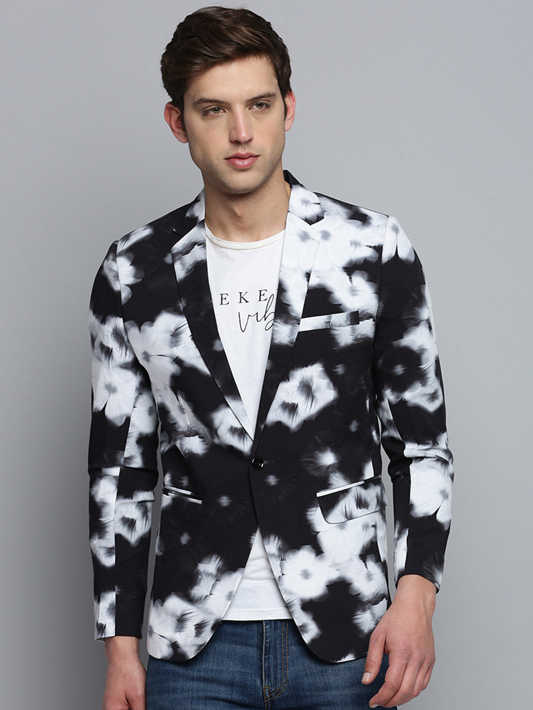 Men Black Printed Single Breasted Blazer