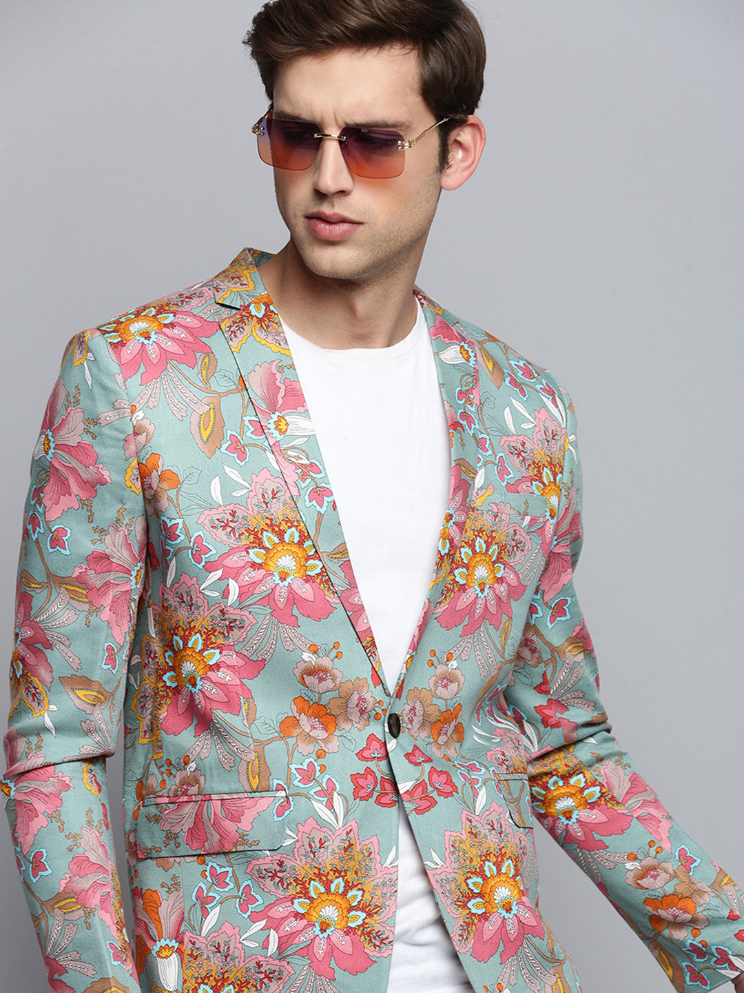 Men Sea Green Printed Single Breasted Blazer