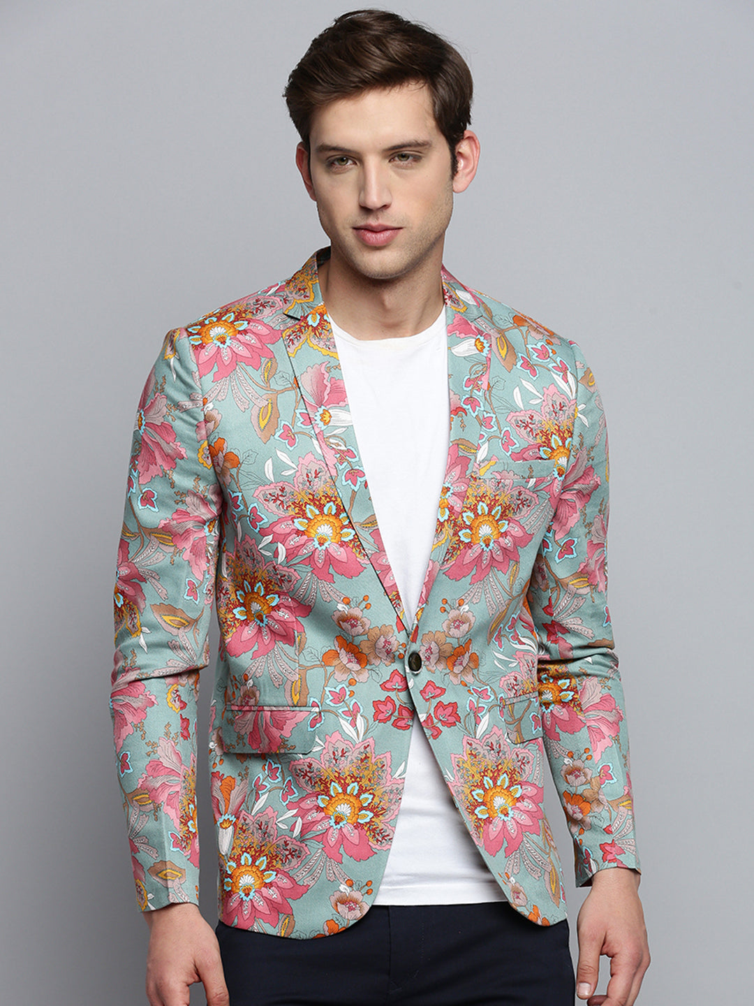 Men Sea Green Printed Single Breasted Blazer