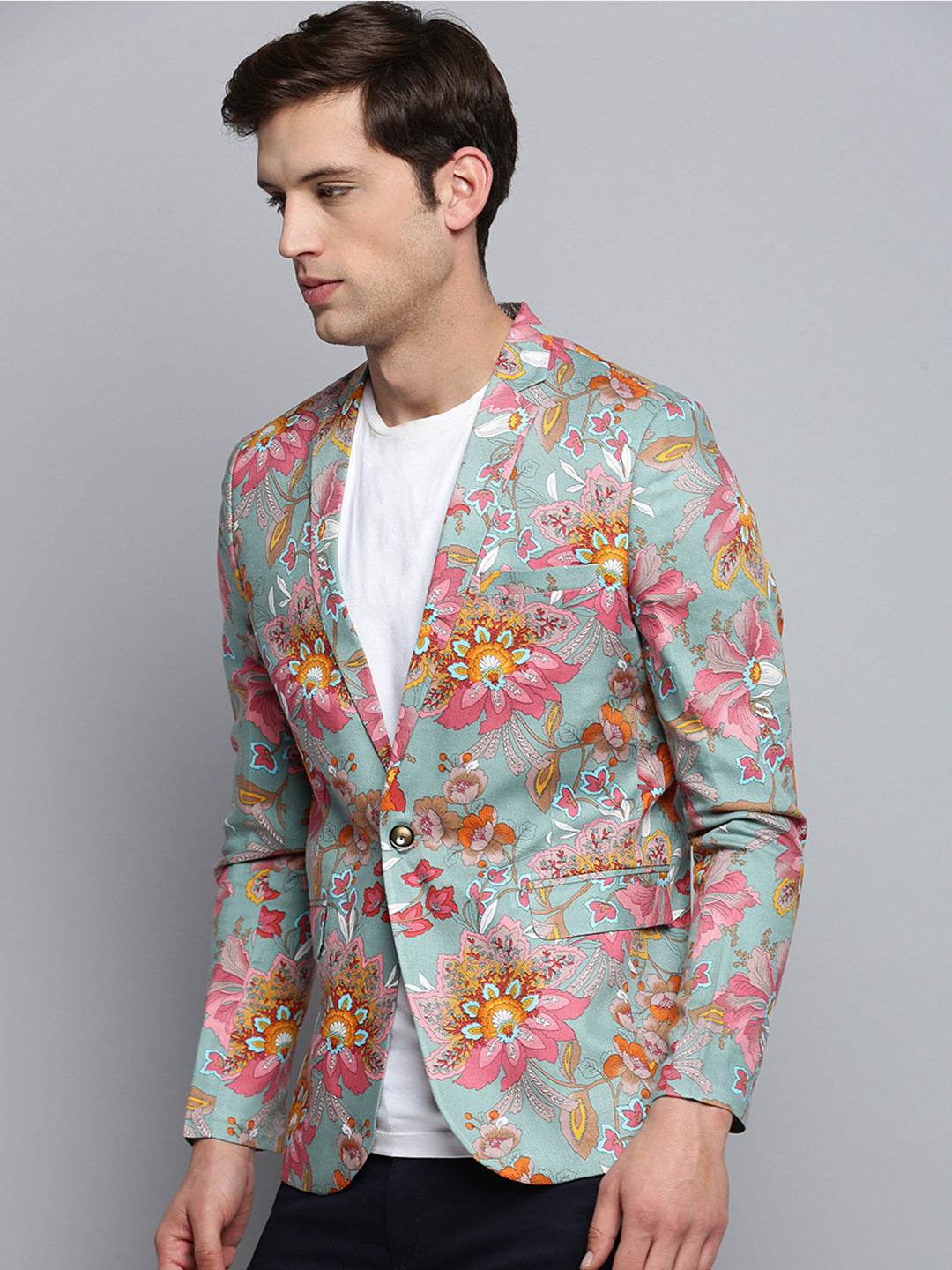 Men Sea Green Printed Single Breasted Blazer