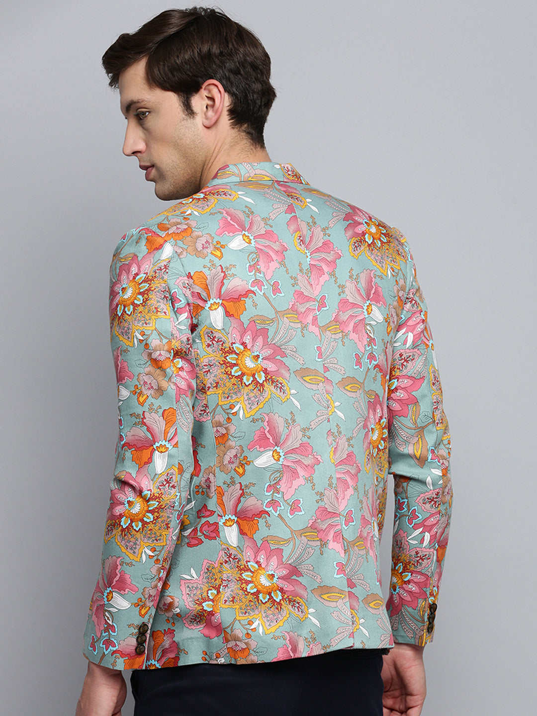 Men Sea Green Printed Single Breasted Blazer