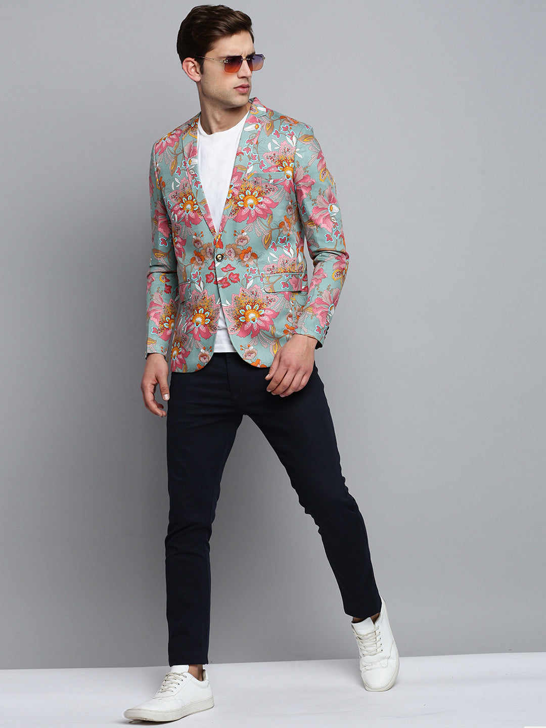 Men Sea Green Printed Single Breasted Blazer