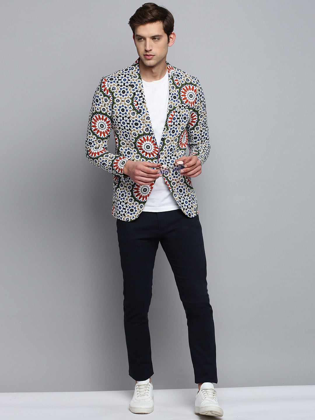 Men Notched Lapel Printed Multi Blazer