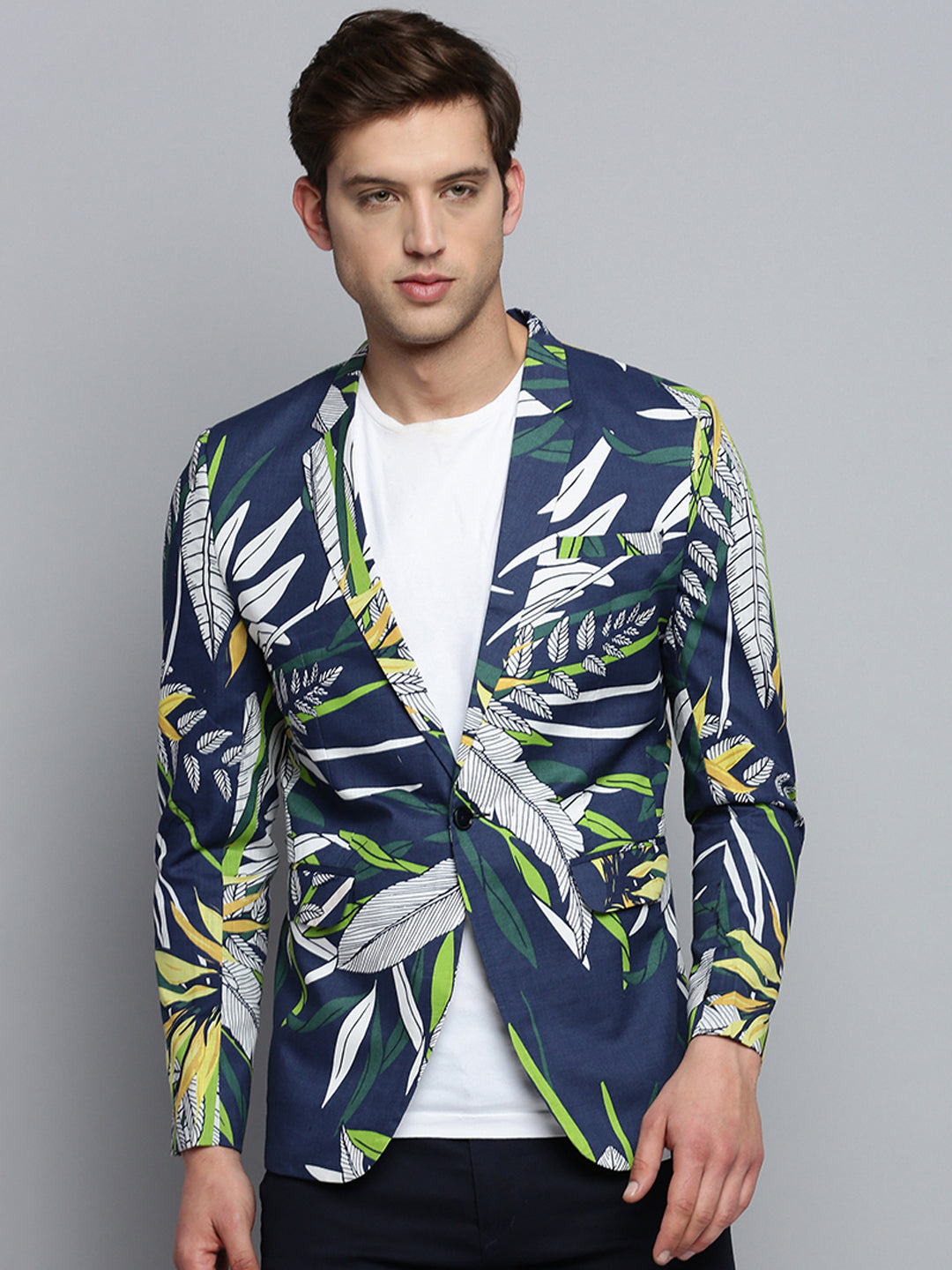 Men Notched Lapel Printed Navy Blue Blazer