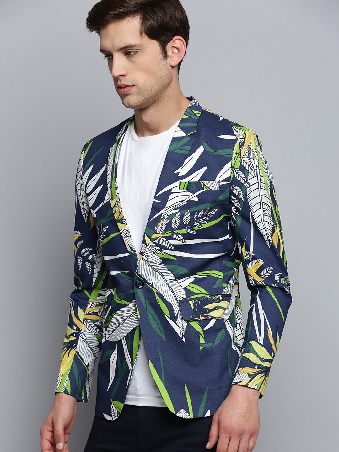 Men Notched Lapel Printed Navy Blue Blazer