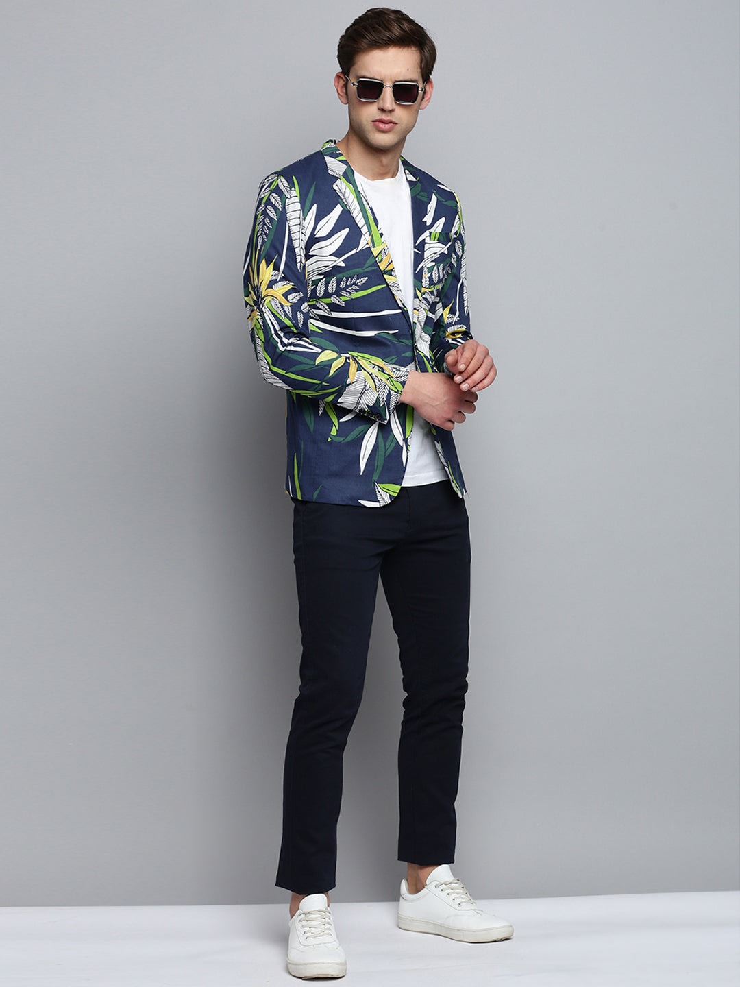 Men Notched Lapel Printed Navy Blue Blazer