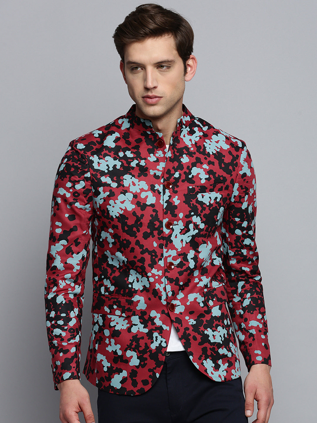 Men Mandarin Collar Printed Burgundy Blazer