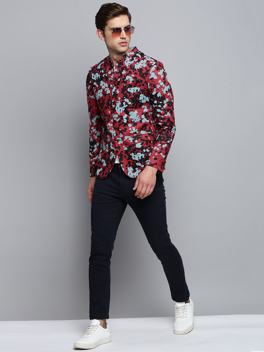 Men Mandarin Collar Printed Burgundy Blazer