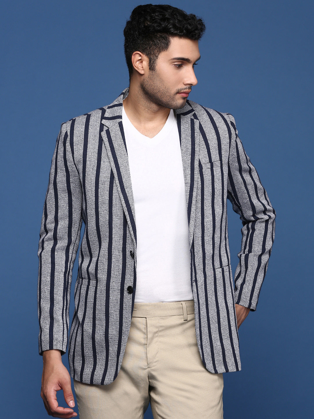 Men Navy Blue Slim Fit Single Breasted Blazer