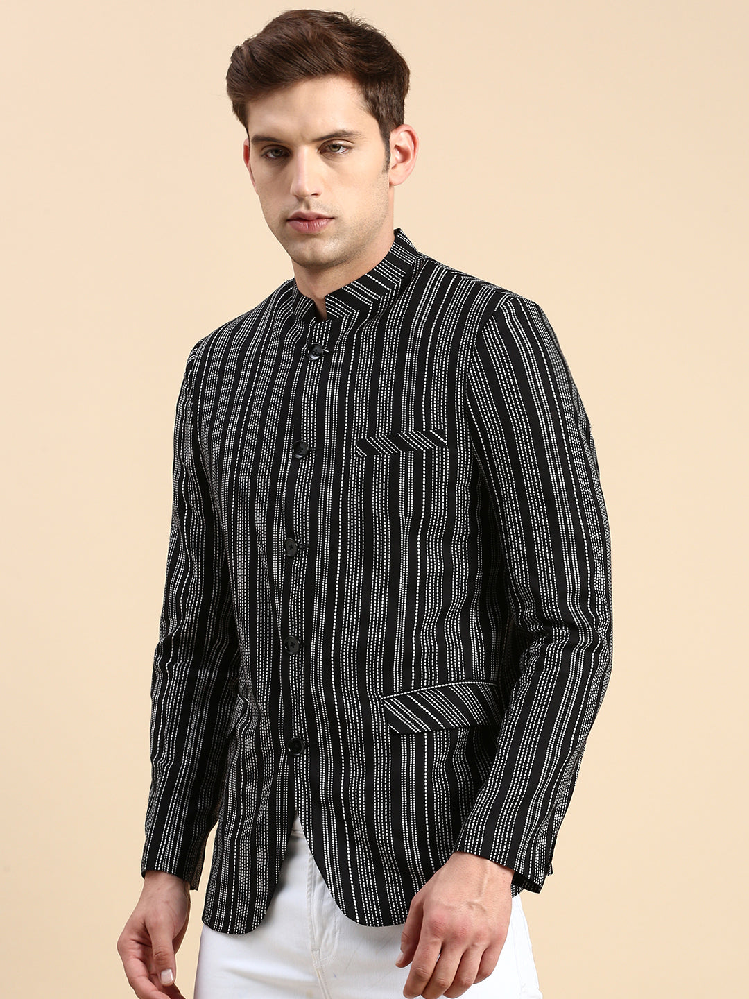 Men Mandarin Collar Striped Black Blazer