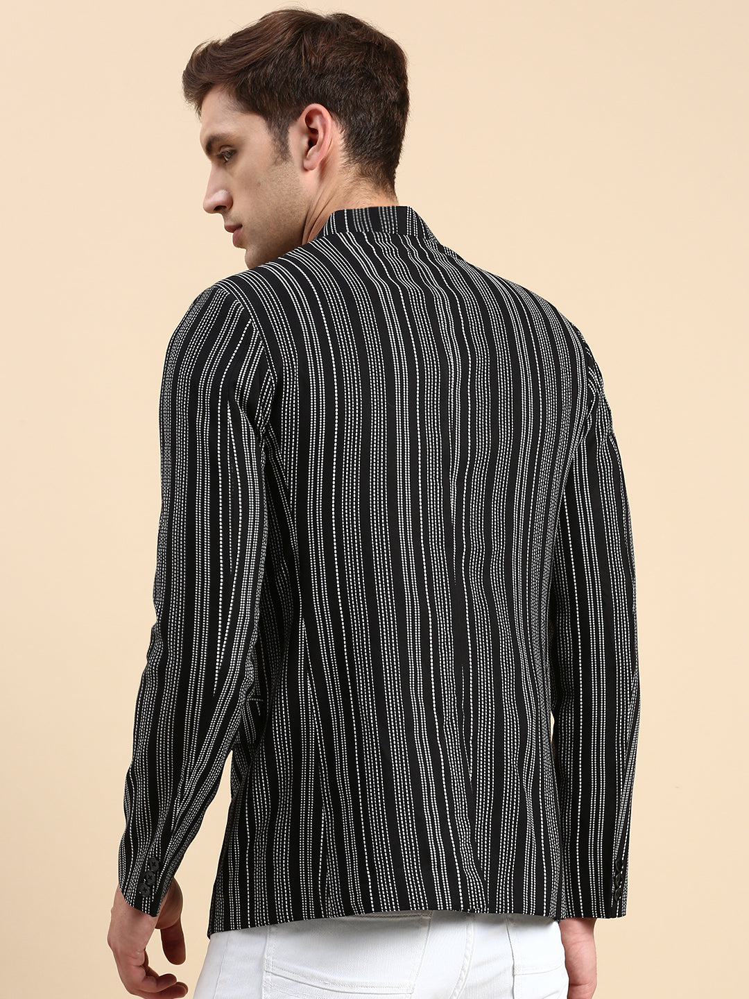 Men Mandarin Collar Striped Black Blazer