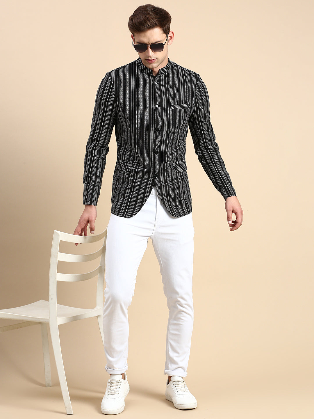 Men Mandarin Collar Striped Black Blazer