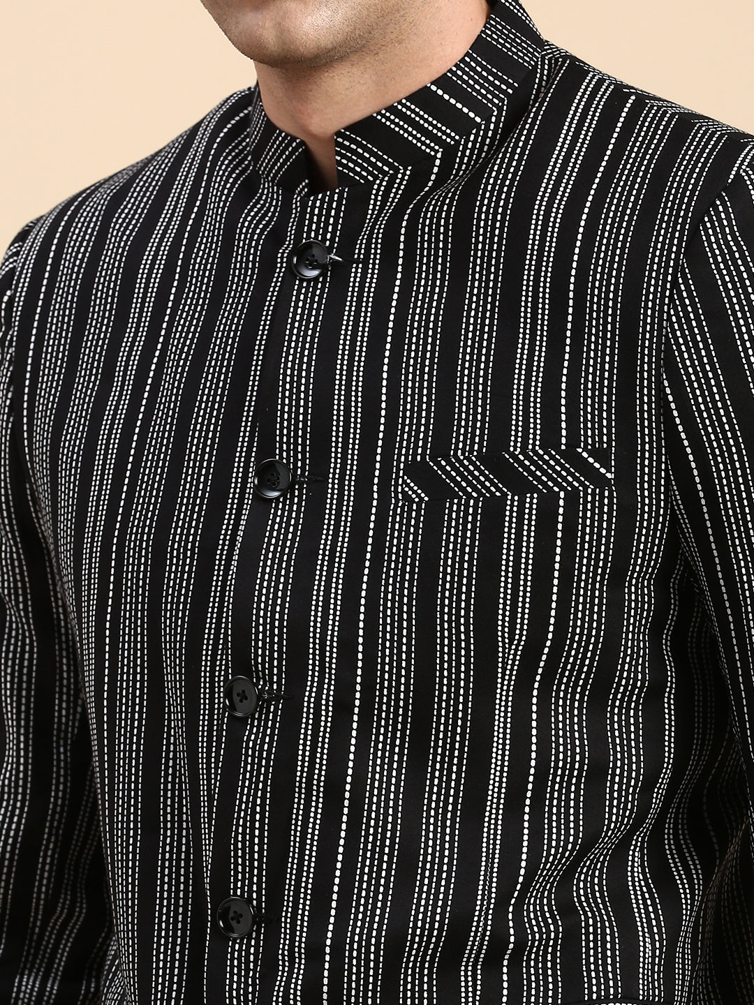 Men Mandarin Collar Striped Black Blazer