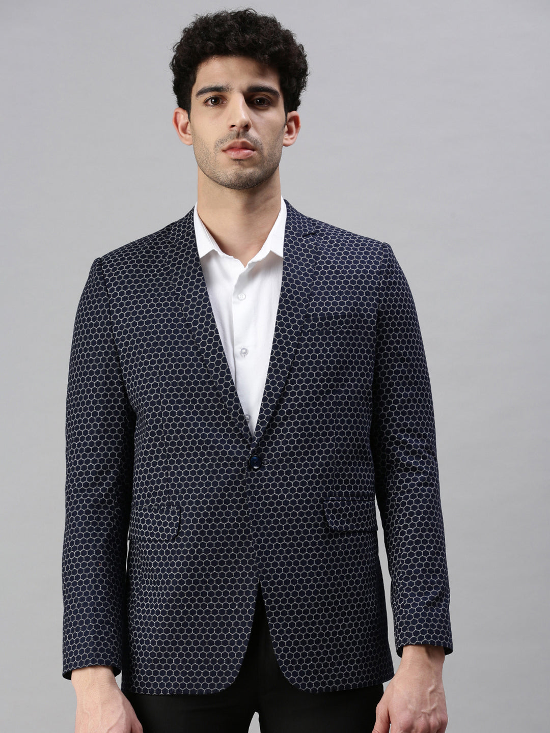 Men's Printed Navy Blue Single Breasted Blazer